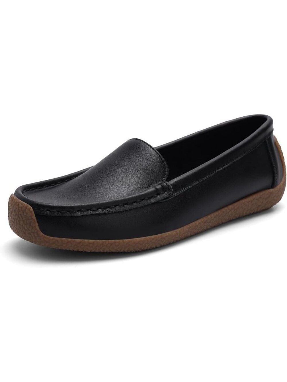 Women All Black Comfortable Leather Mocs Boat Walking Slip-On Loafer Flat Shoes
